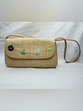 Etienne Aigner Vintage Embroidered Tan Raffia Straw Shoulder Bag